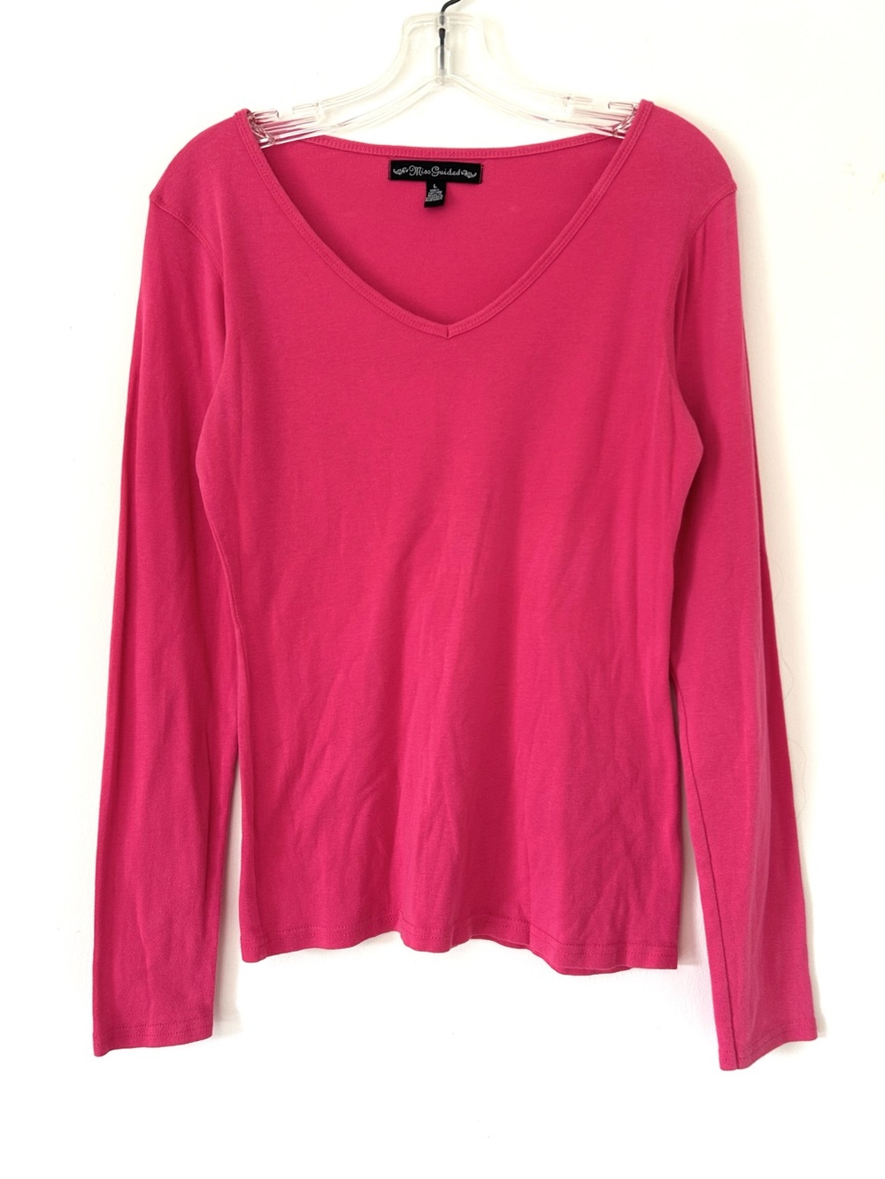 Vintage Missguided Hot Pink V-Neck Long Sleeve Cotton Tee